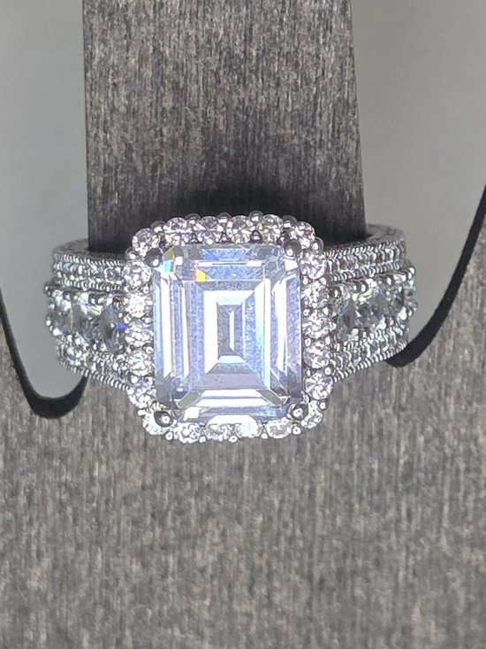 JTV Jewelry - JTV 925 Sterling Silver Emerald-Cut Clear Halo Statement Ring
